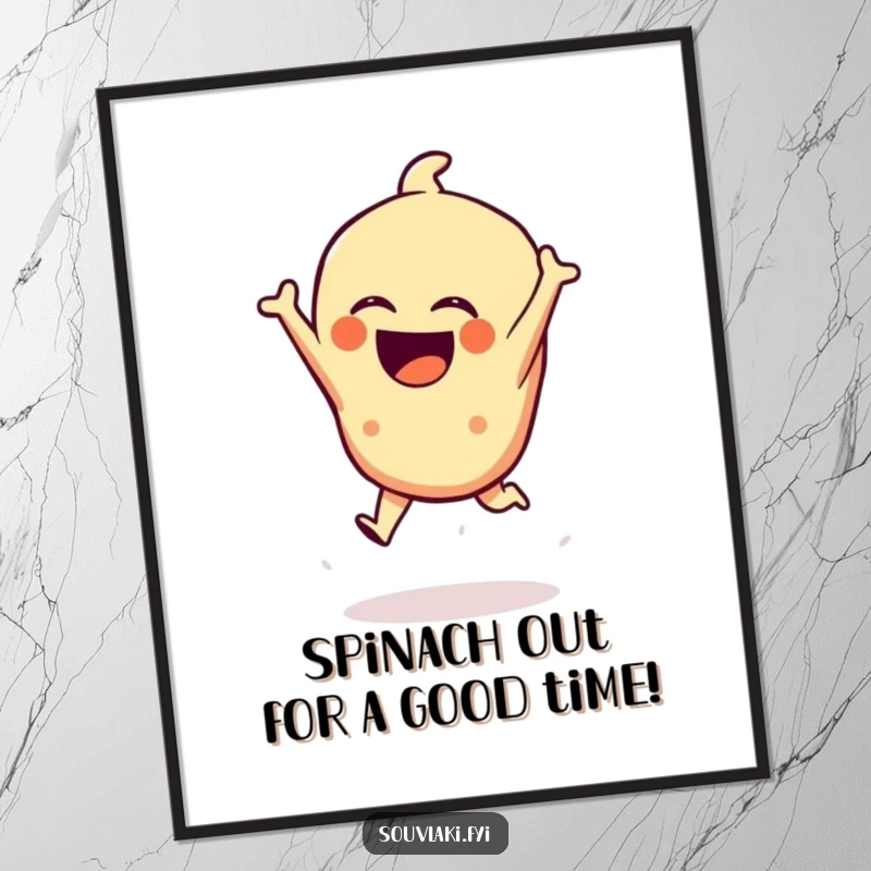 Funny Free Printable Wall Art: A laughing spanakopita character caught mid-dramatic leap, a lively downloadable art.