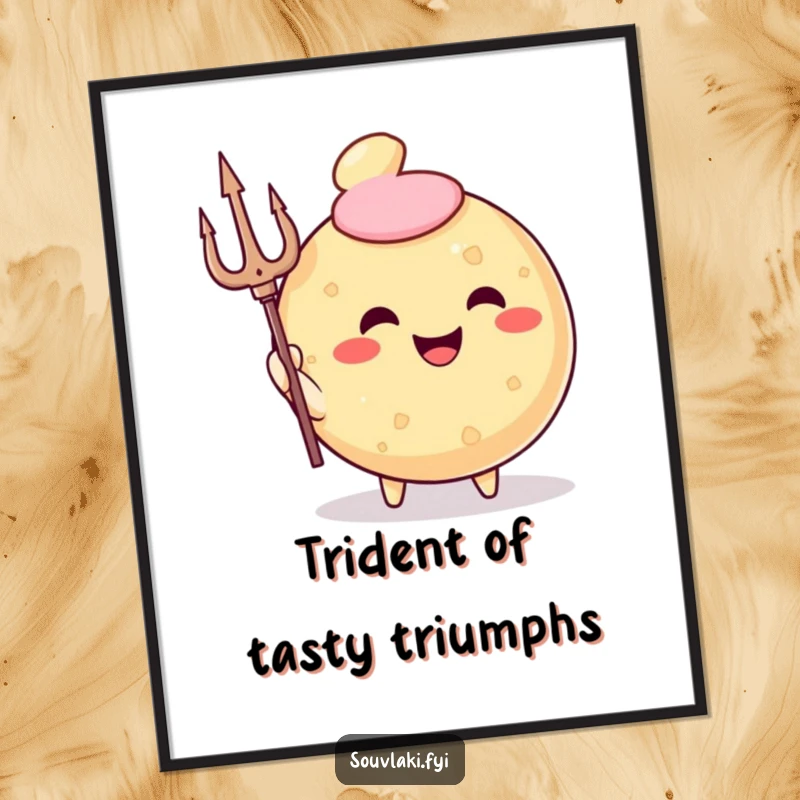Funny Free Printable wall art of a triumphant, smiling fried pastry character holding a trident, looking like a god of fun.