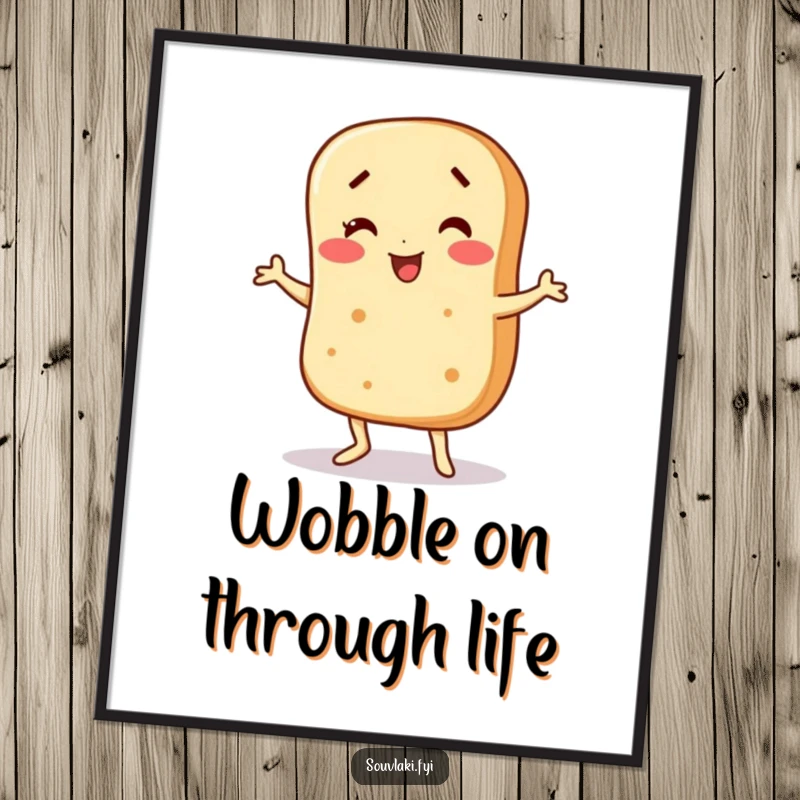 Funny Free Printable wall art showing a pita bread character enthusiastically performing a funny, wobbly dance.