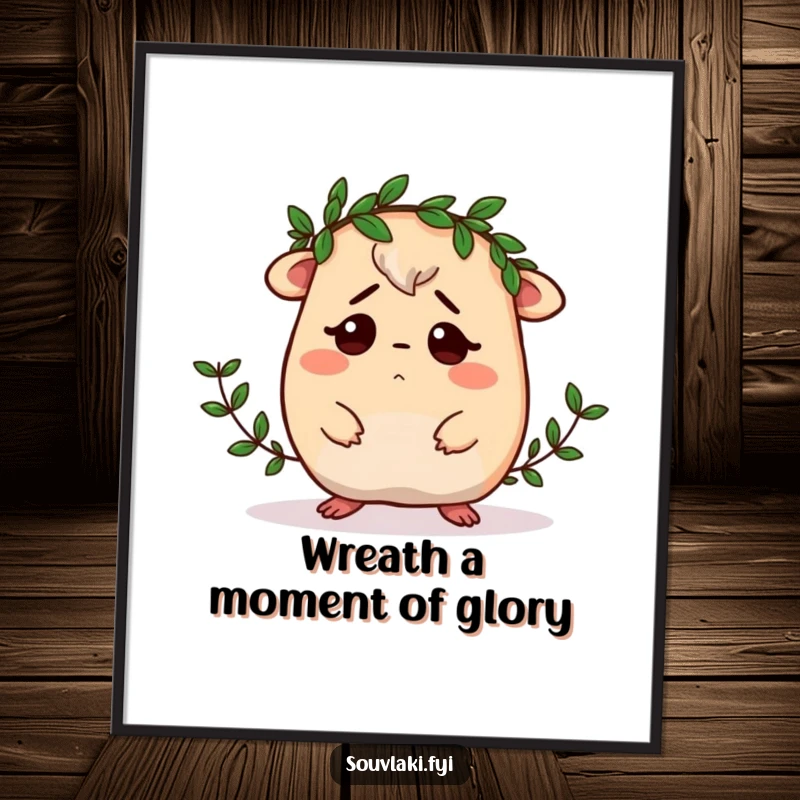 Funny Free Printable Wall Art: A confused Moussaka character tries to fit a tiny laurel wreath, humorous downloadable art.