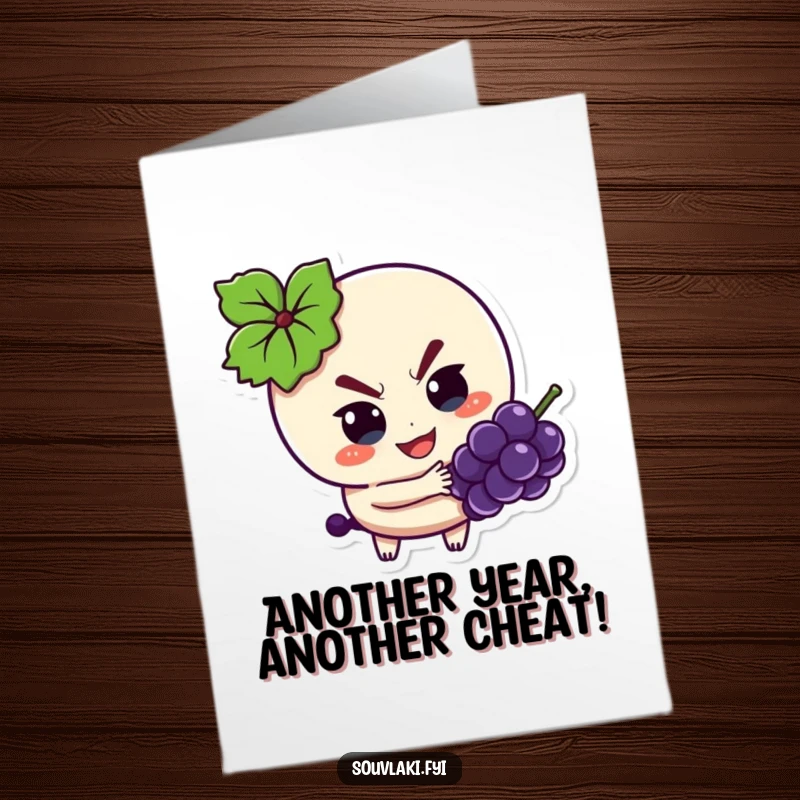 Funny Free Printable Birthday Card: A souvlaki character with a mischievous grin secretly snatches a grape.