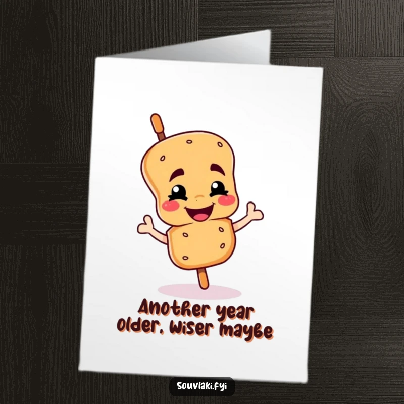 Funny Free Printable Birthday Card: Winking Souvlaki Skewer Character Proudly Celebrating with a Smile
