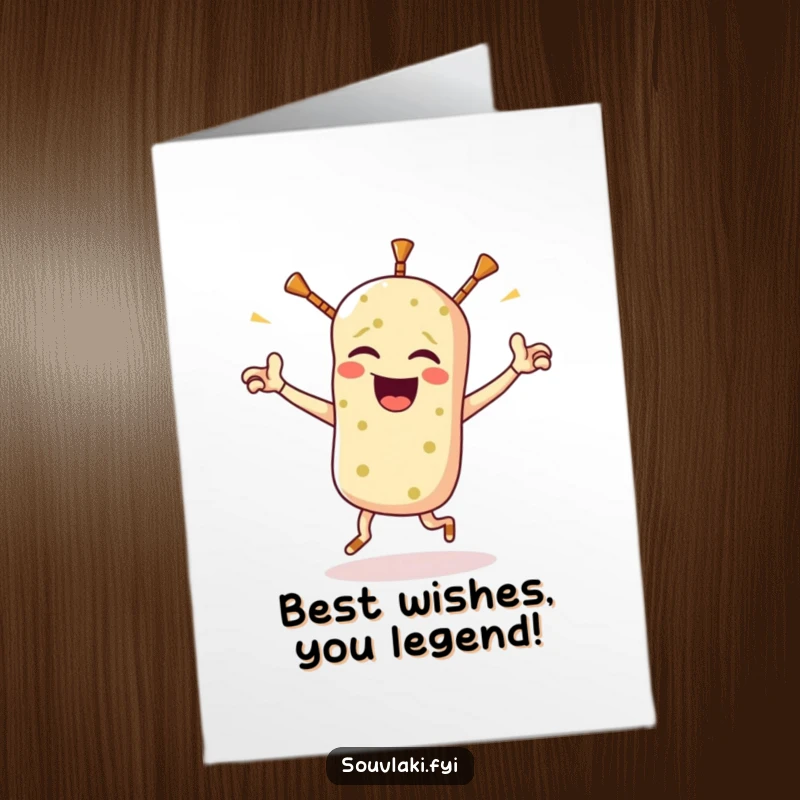 Funny free printable birthday card featuring a winking souvlaki doing a triumphant jig, ready to party.