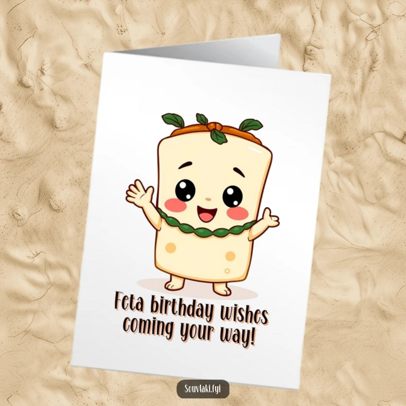Funny Free Printable birthday card of a happy feta cheese character wearing a small toga and cheering enthusiastically.