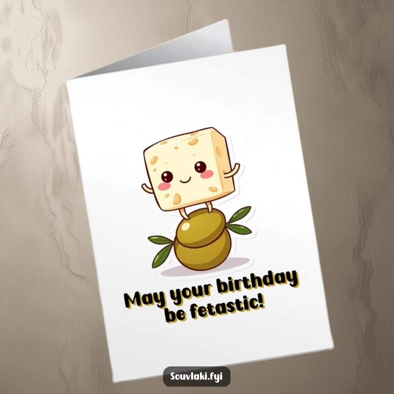 Funny Free Printable Birthday Card: Cheerful feta cheese cube precariously balancing on an olive, ready for fun.