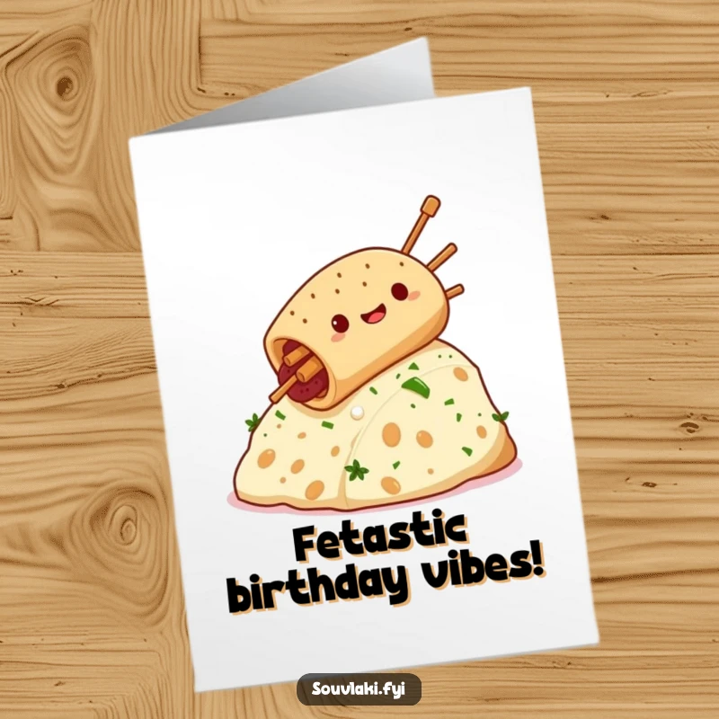 Funny free printable birthday card featuring a giddy souvlaki sliding gleefully down a feta cheese hill.