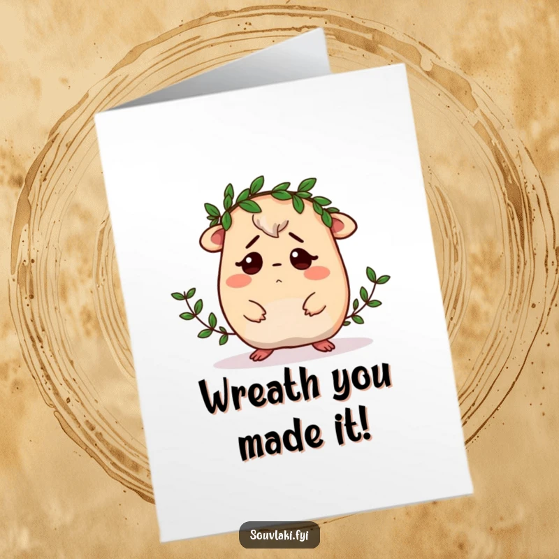 Funny Free Printable Birthday Card: Confused Moussaka struggles with a tiny laurel wreath, a comical downloadable gift.