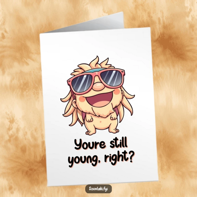 Funny Free Printable Birthday Card: A souvlaki character in giant sunglasses beams, soaking up the sun with pure joy.