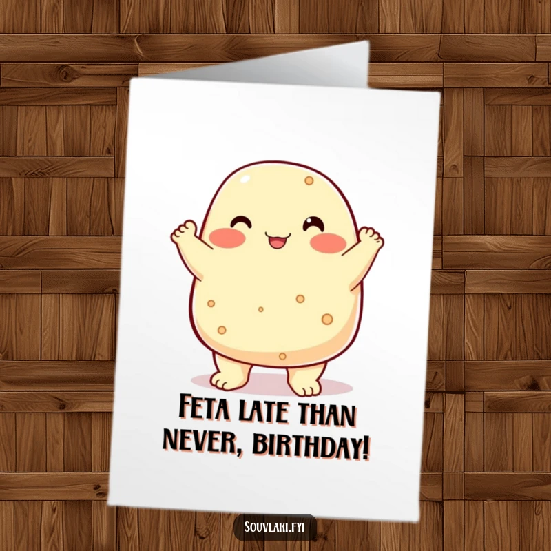 Funny Free Printable Birthday Card: A chubby feta cheese character proudly performs a chest bump for a birthday wish.