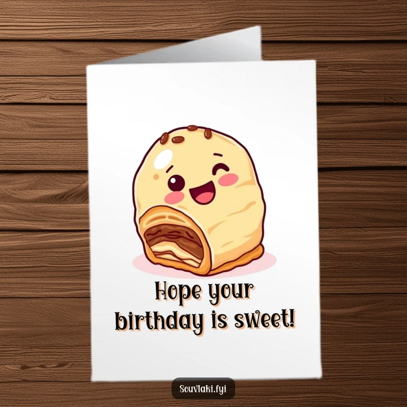Funny Free Printable Birthday Card: Happy baklava character with nutty layers comically attempts to roll downhill joyfully.
