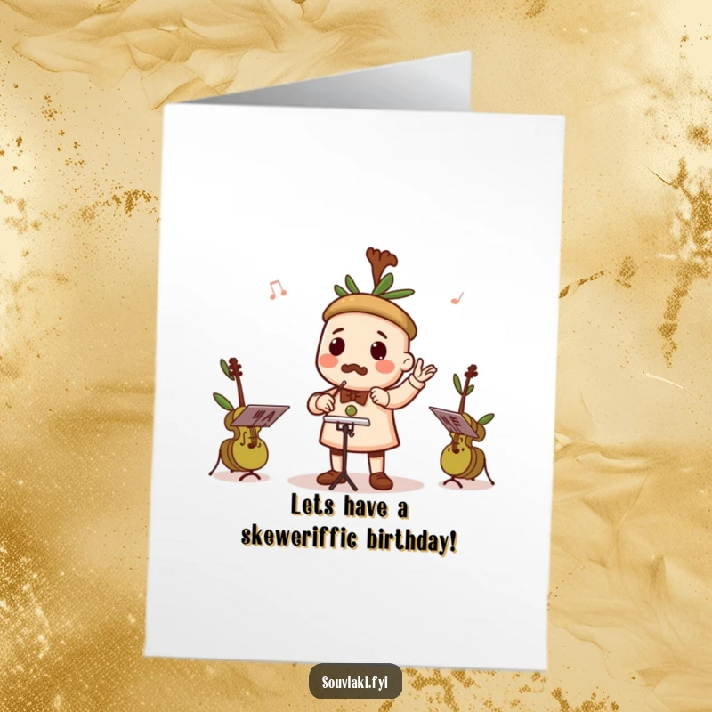 Funny Free Printable Birthday Card: a souvlaki skewer character energetically conducting tiny olives playing instruments.