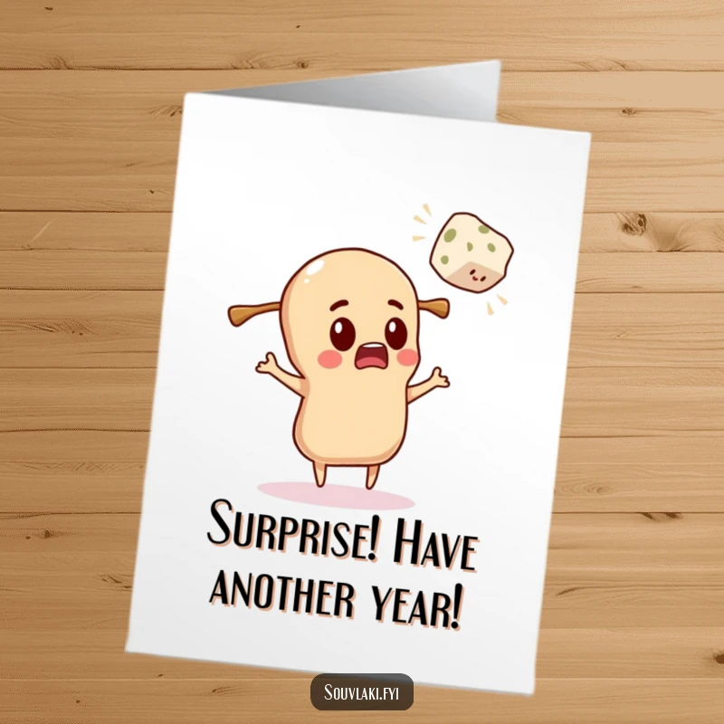 Funny Free Printable Birthday Card: A souvlaki character reacts with comic shock to a flying cube of feta.