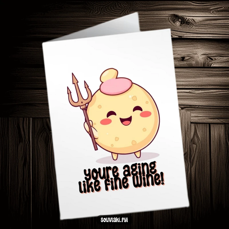Funny Free Printable birthday card of a smiling fried pastry character holding a trident, ready to celebrate with divine humor.