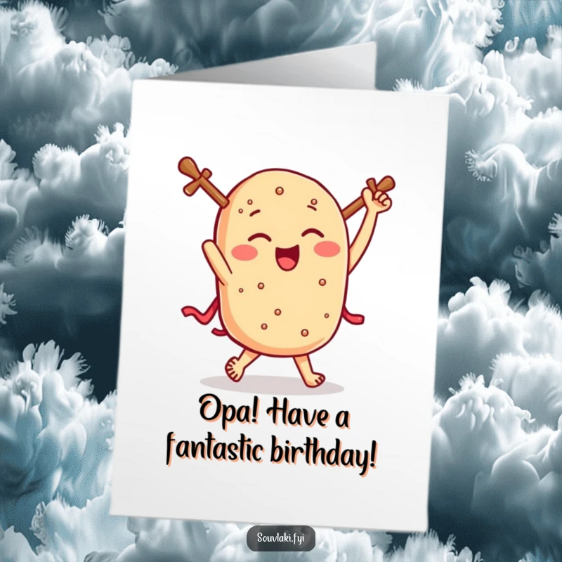 Funny Free Printable Birthday Card: Winking souvlaki performs a joyful jig, celebrating your special day with delicious humor.