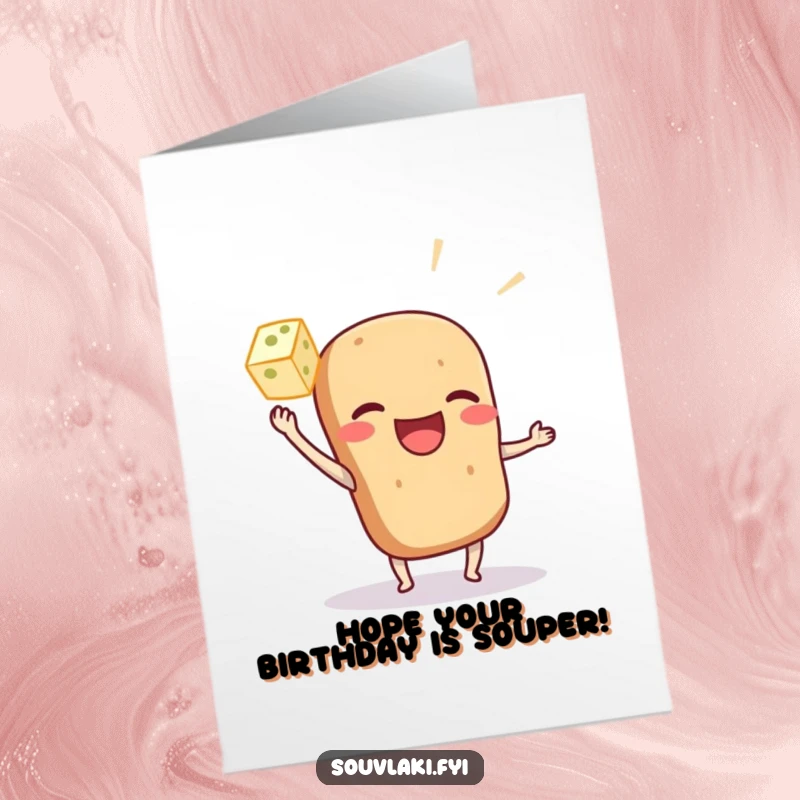 Funny Free Printable Birthday Card: A cheerful souvlaki character playfully tossing a tiny cube of feta cheese.