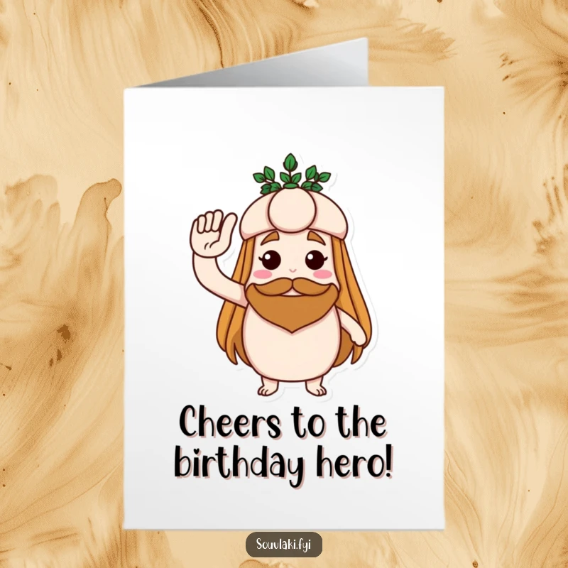 Funny Free Printable Birthday Card: A proud souvlaki standing tall, saluting smartly with a tiny laurel wreath on its head.