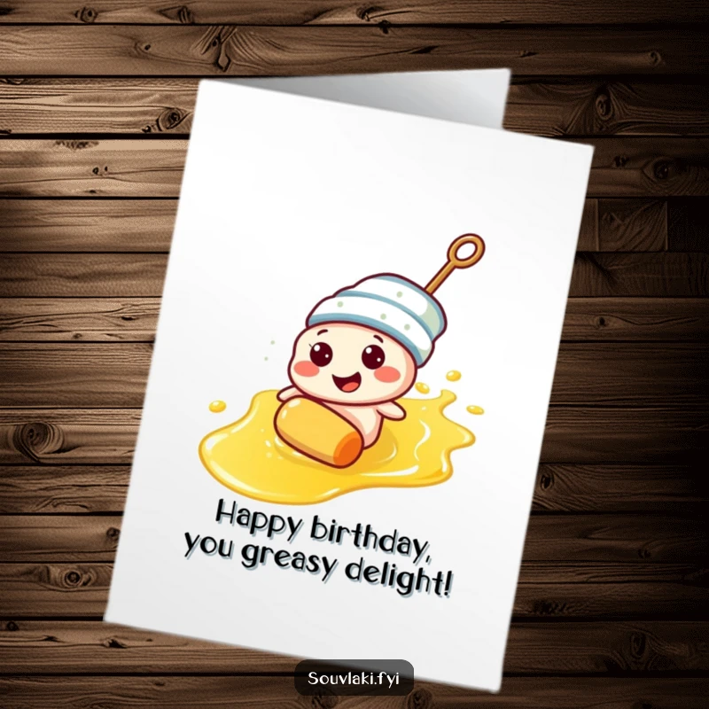 Funny Free Printable Birthday Card: Souvlaki skewer character joyfully sliding down an olive oil slick.