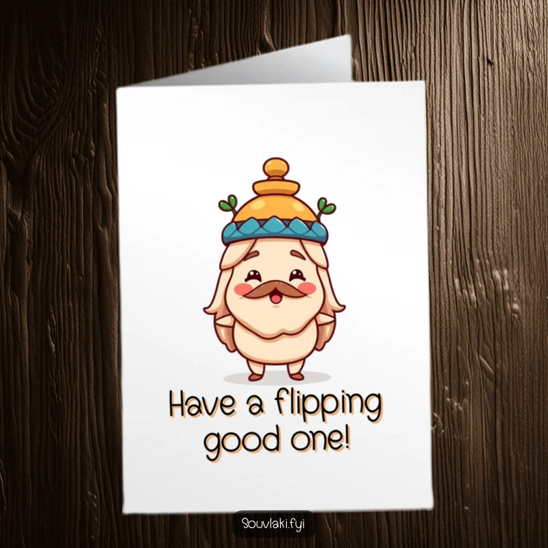 Funny free printable birthday card featuring a happy souvlaki wearing a tiny amphora as a stylish hat.