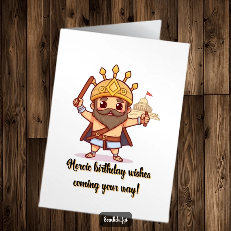 Funny Free Printable Birthday Card: Proud souvlaki strikes a heroic pose with a distant temple, celebrating your special day.