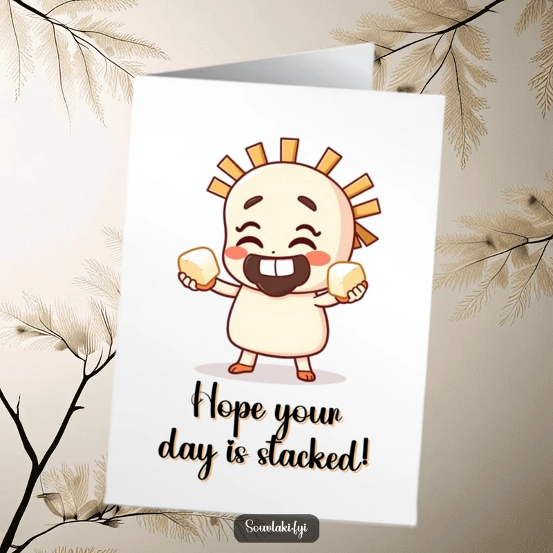 Funny Free Printable birthday card of a grinning souvlaki character skillfully juggling small cubes of feta cheese.