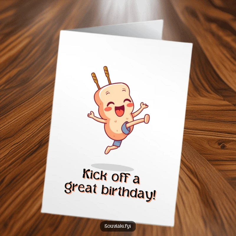 Funny Free Printable Birthday Card: A happy souvlaki skewer character attempts a dynamic high kick for birthday wishes.