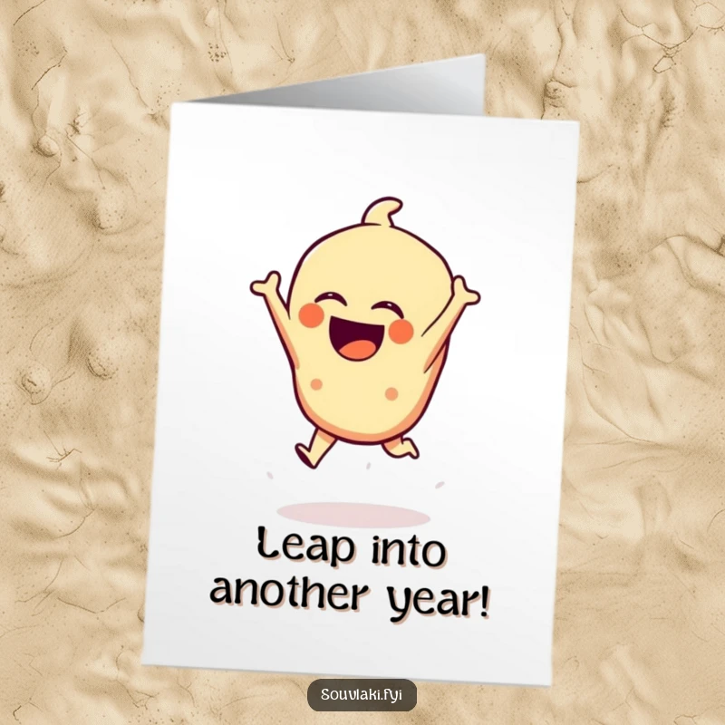 Funny Free Printable Birthday Card: Spanakopita character mid-leap with a joyful laugh, a dynamic downloadable gift.