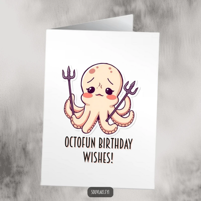 Funny Free Printable Birthday Card: A confused octopus character wearing a tiny trident tilted sideways.