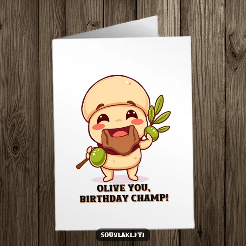Funny Free Printable Birthday Card: Souvlaki character smiling, holding out an olive branch as a peace offering.