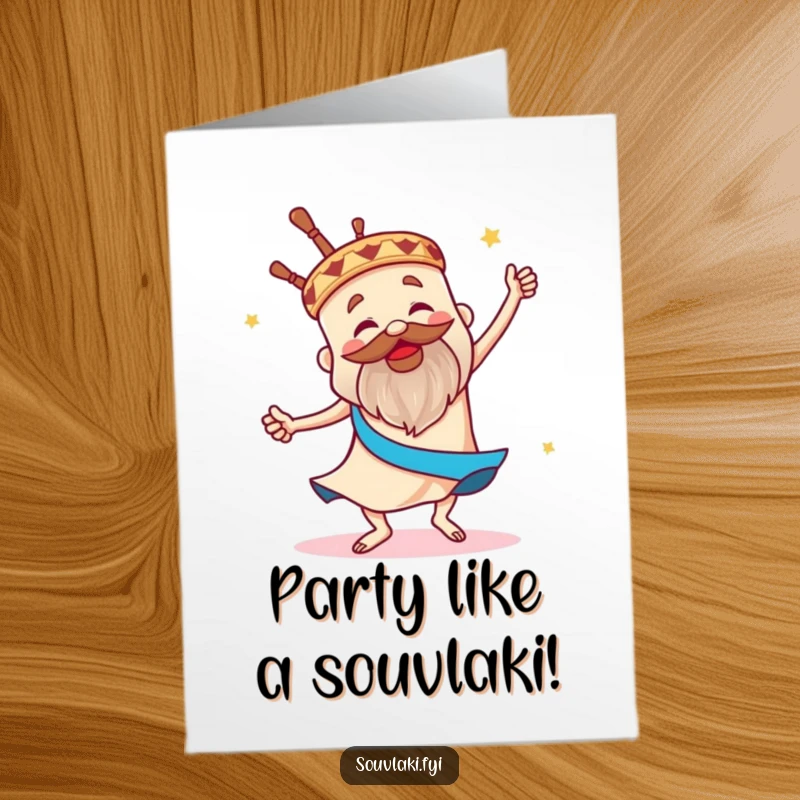 Funny Free Printable Birthday Card: A proud souvlaki, arms outstretched, joyfully dancing the sirtaki with energetic gusto.