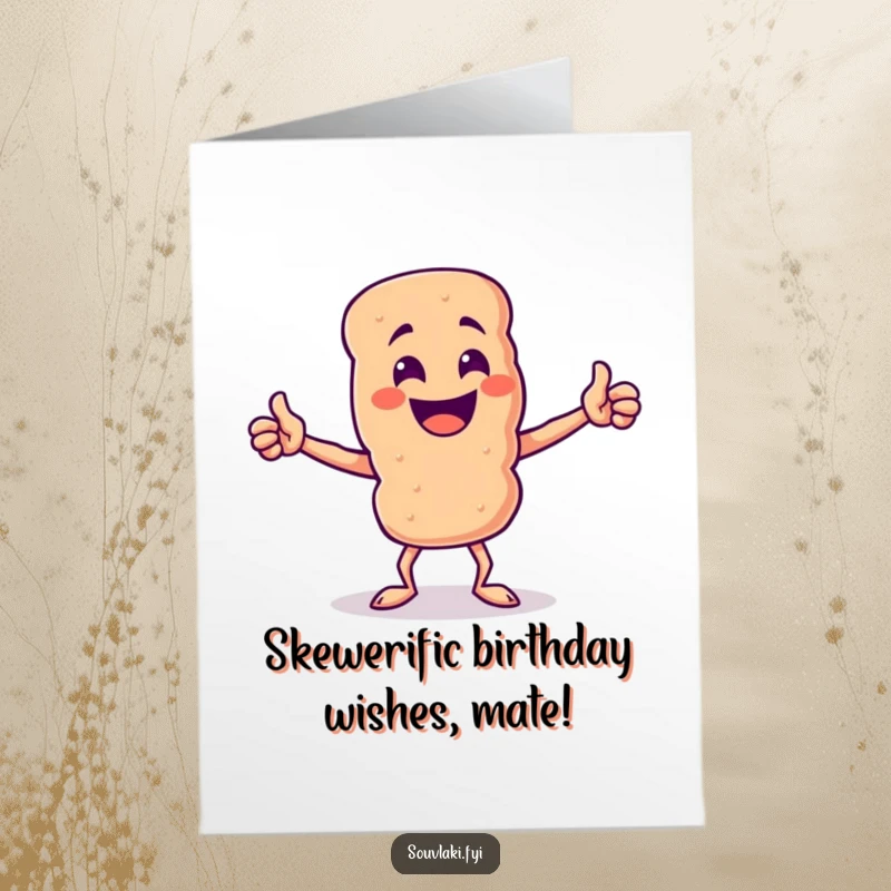 Funny Free Printable Birthday Card: Proud souvlaki skewer with grin doing a triumphant pose.