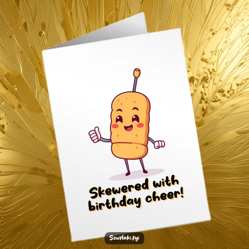 Funny free printable birthday card of a proud souvlaki skewer character giving a cheerful nod, celebrating with grilled goodness and humor.