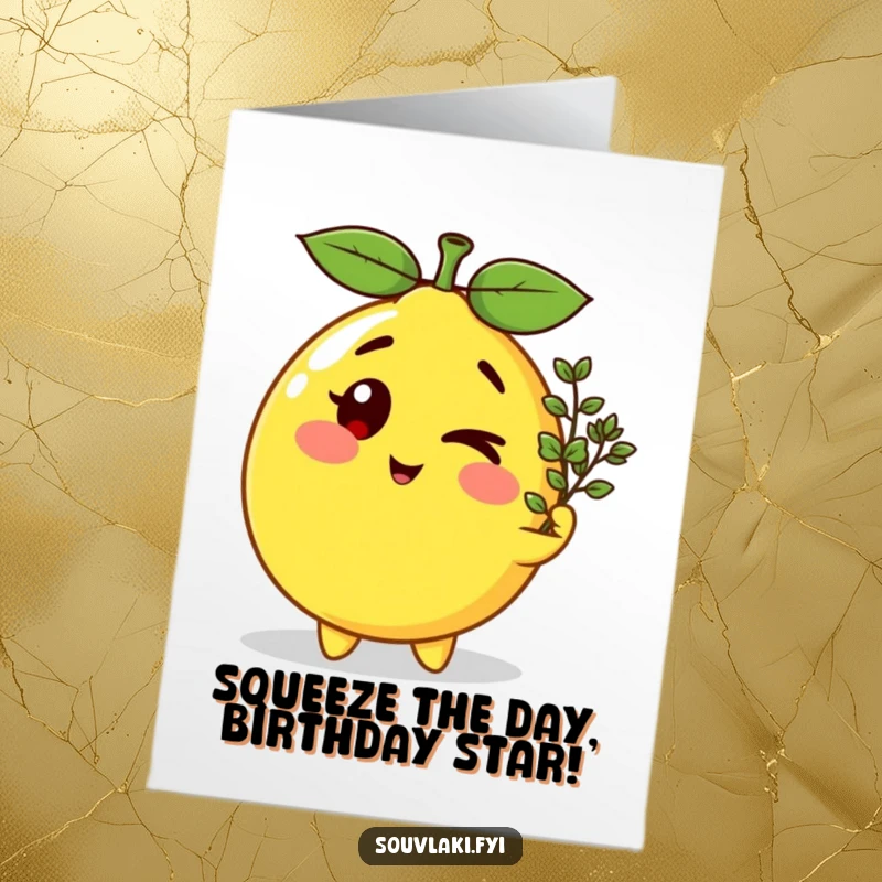 Funny free printable birthday card with a winking lemon character playfully offering a tiny oregano sprig, radiating pure comedic joy.