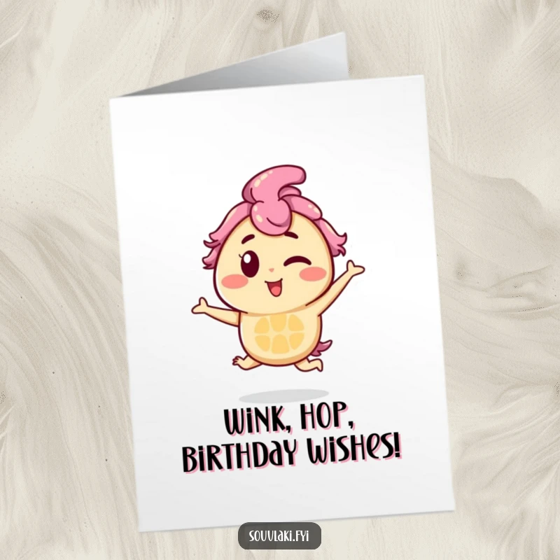 Funny Free Printable birthday card: a souvlaki character winking mischievously while doing a happy, playful hop.