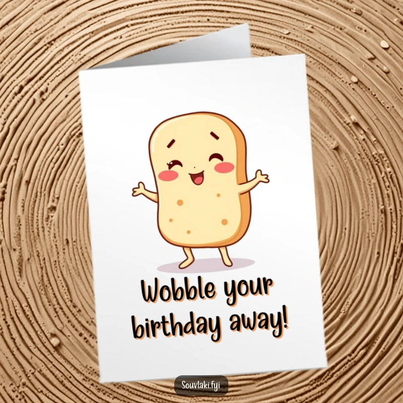 Funny Free Printable birthday card featuring a wobbly pita bread character performing a hilarious wobble dance.