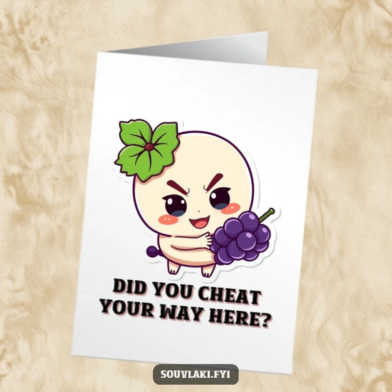 Funny Free Printable Congratulations Card: A souvlaki character, eyes sparkling with mischief, playfully sneaks a juicy grape.