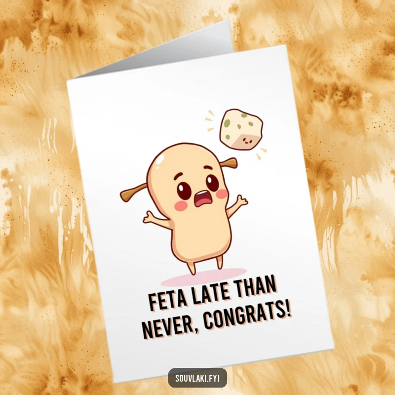 Funny Free Printable Congratulations Card: A souvlaki character is comically startled by a flying cube of feta, eyes wide with surprise.