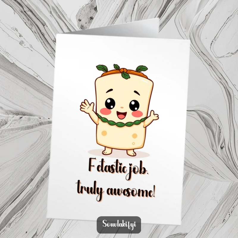 Funny Free Printable congratulations card of a happy feta cheese character in a toga, giving a loud and cheerful shout.