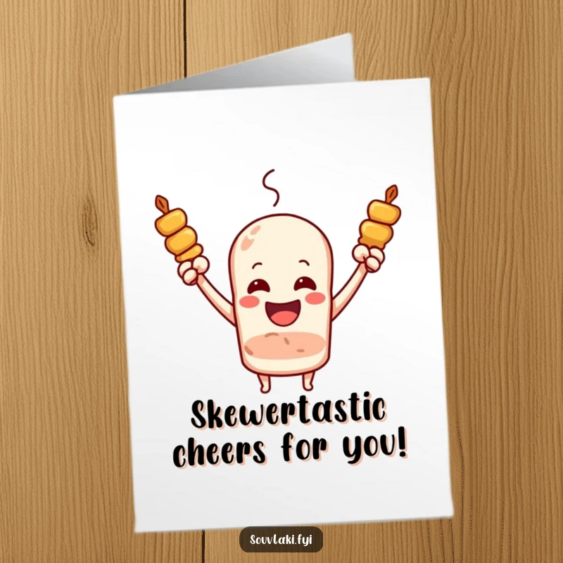 Funny Free Printable Congratulations Card: Souvlaki skewer exuberantly cheering with raised arms.