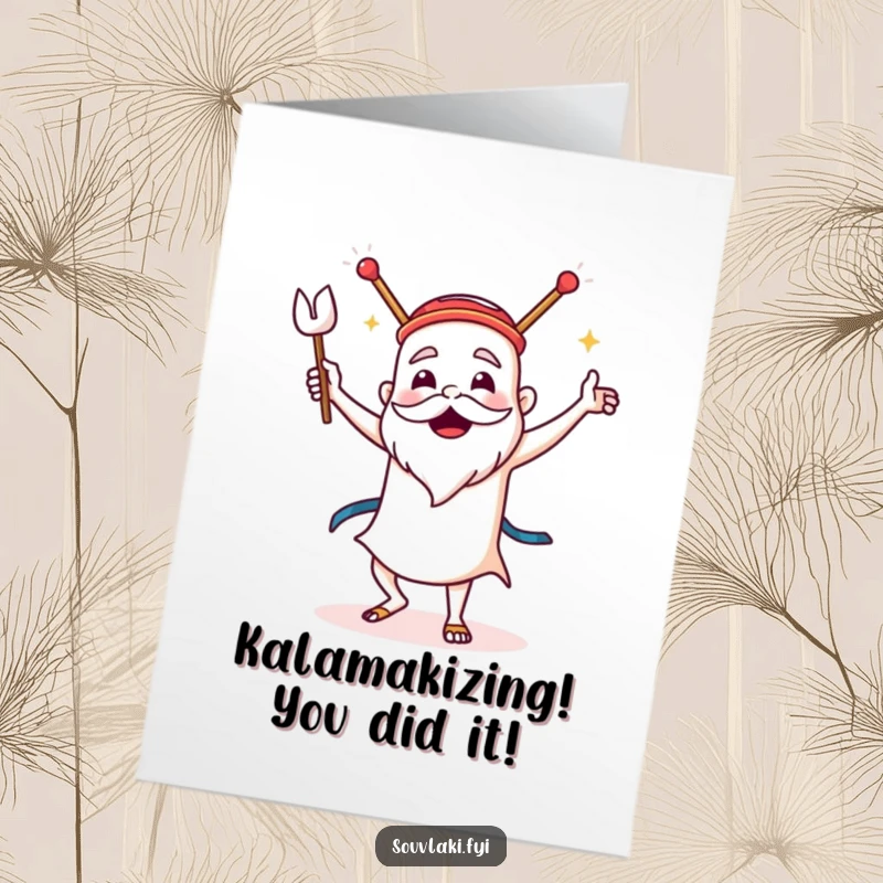 Funny Free Printable Congrats Card: A proud souvlaki dances the sirtaki with gusto, a fun downloadable gift.