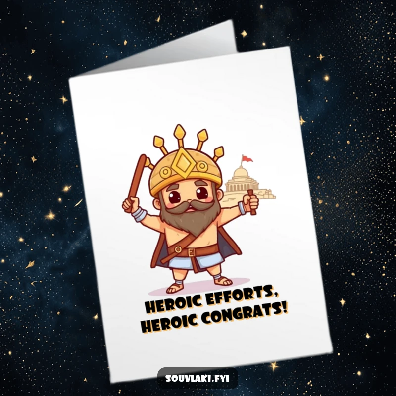 Funny Free Printable Congrats Card: Proud souvlaki poses heroically before a majestic temple, celebrating a grand accomplishment.