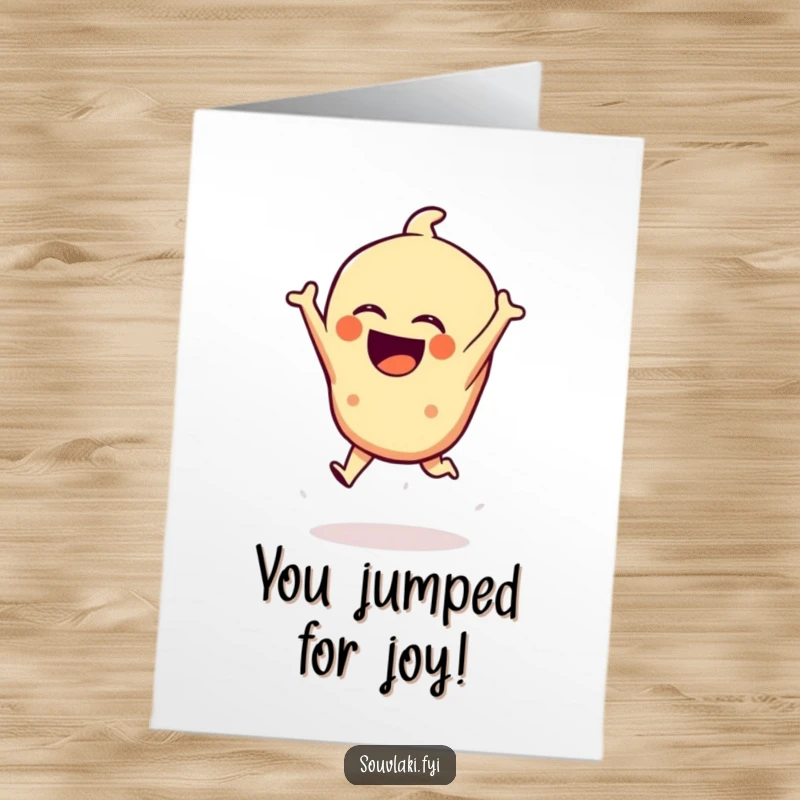 Funny Free Printable Congrats Card: A laughing spanakopita performs a dramatic leap, celebrating achievement with downloadable humor.