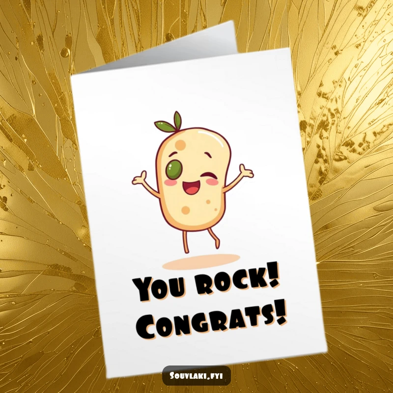 Funny Free Printable Congratulations Card: Cheerful pita bread character dancing with an olive eye, celebrating a victorious moment.