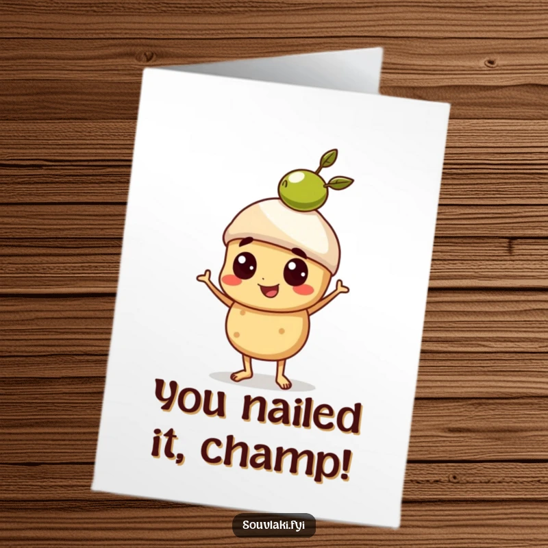 Funny Free Printable congratulations card of a proud souvlaki character balancing a miniature olive on its head, celebrating a win.