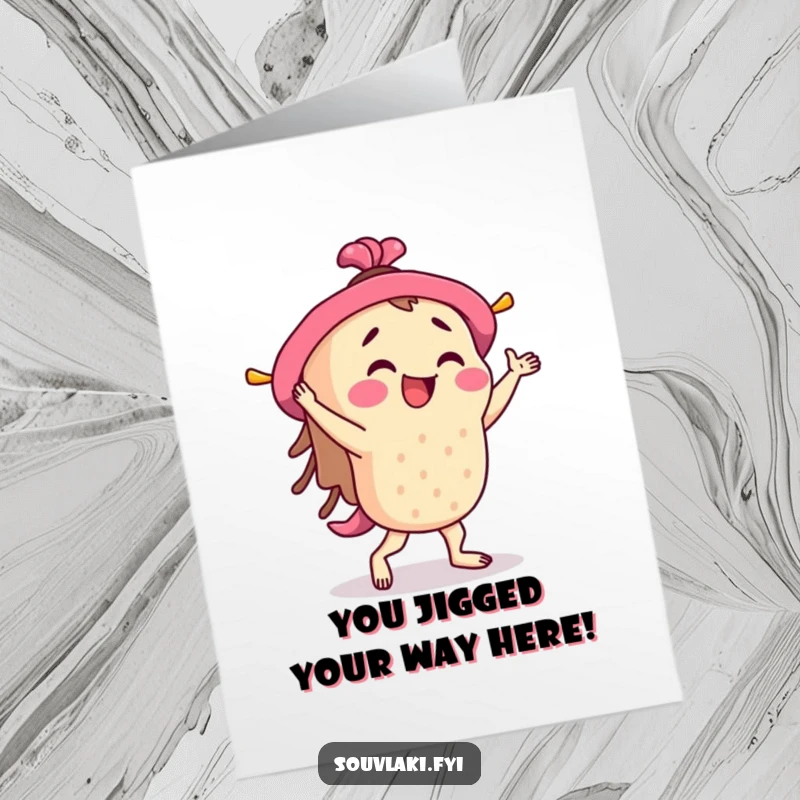 Funny Free Printable congratulations card: souvlaki character joyfully doing a little jig, celebrating a big win.