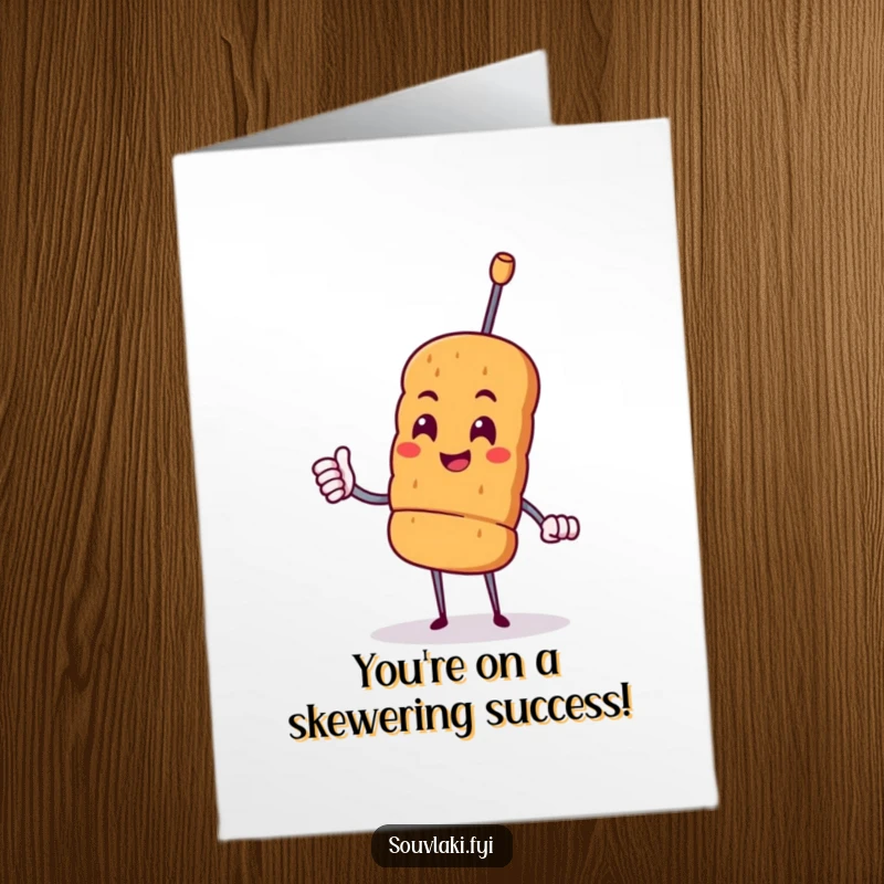 Funny free printable congratulations card of a proud souvlaki skewer character giving a cheerful nod, celebrating success with a tasty gesture.