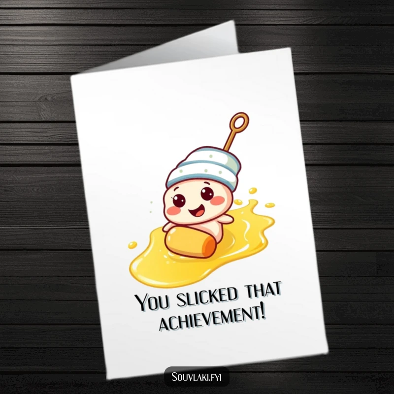 Funny Free Printable Congratulations Card: Happy souvlaki skewer character sliding down an olive oil slick.