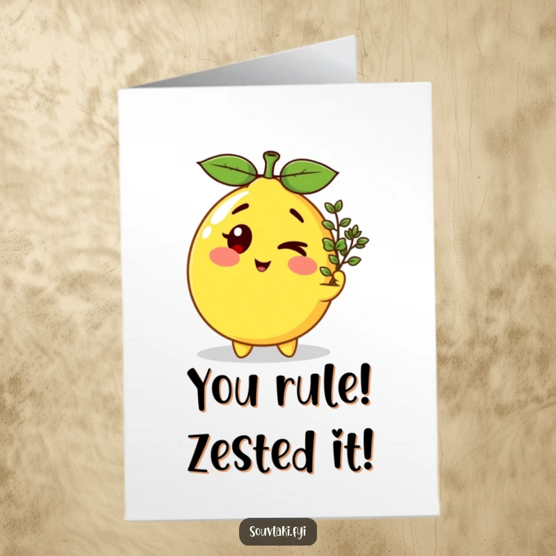 Funny free printable congratulations card depicting a winking lemon character presenting an oregano sprig, symbolizing good fortune with humor.