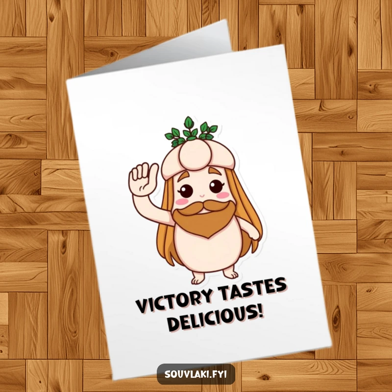 Funny Free Printable Congratulations Card: A proud souvlaki salutes victoriously, adorned with a small laurel wreath, celebrating success.