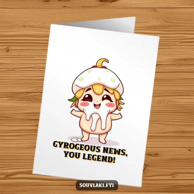 Funny Free Printable Congratulations Card: A happy gyro character giggles with tzatziki dripping, celebrating success.