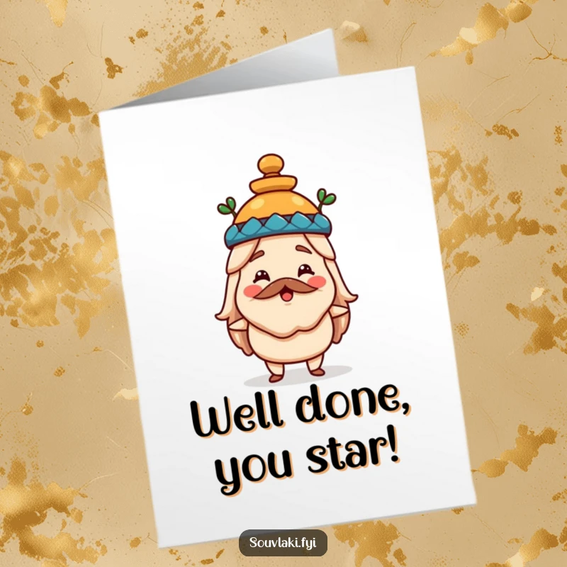 Funny free printable congratulations card showing a happy souvlaki proudly sporting a miniature amphora hat.